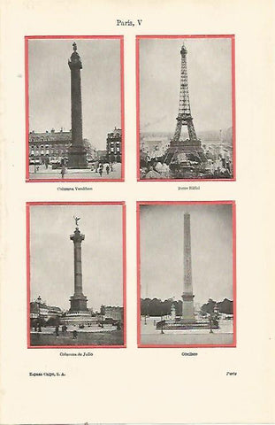 LAMINA ESPASA 23344: Columna Vendome Torre Eiffel Columna de Julio y Obelisco de Paris