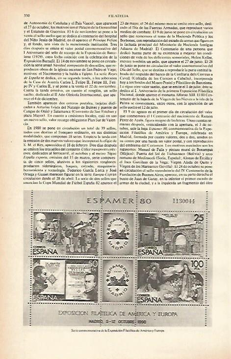 LAMINA ESPASA 26612: Serie de sellos para la Exposicion Filatelica de America y Europa 1980