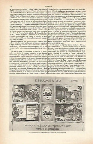 LAMINA ESPASA 26612: Serie de sellos para la Exposicion Filatelica de America y Europa 1980