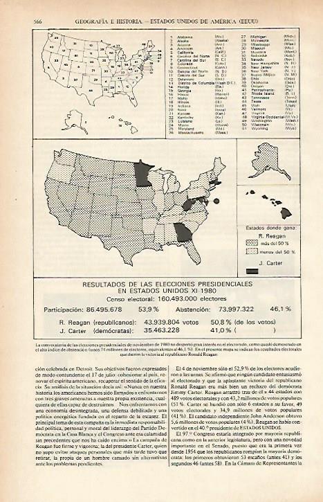 LAMINA ESPASA 26636: Mapa de Estados Unidos con los resultados electorales de 1980