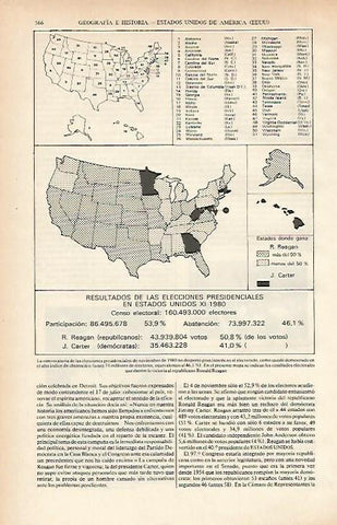 LAMINA ESPASA 26636: Mapa de Estados Unidos con los resultados electorales de 1980