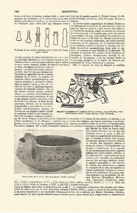 LAMINA ESPASA 26865: Tipologia de hachas prehistoricas vaso inciso de Seriña en Girona y fragmento de ceramica iberica