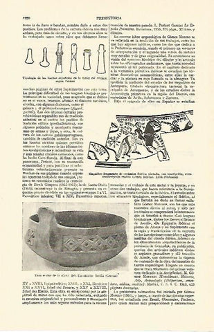 LAMINA ESPASA 26865: Tipologia de hachas prehistoricas vaso inciso de Seriña en Girona y fragmento de ceramica iberica