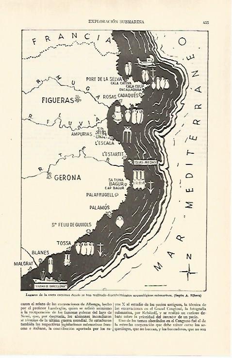 LAMINA ESPASA 26947: Mapa de la costa catalana con yacimientos arqueologicos submarinos