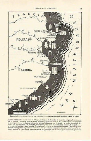 LAMINA ESPASA 26947: Mapa de la costa catalana con yacimientos arqueologicos submarinos