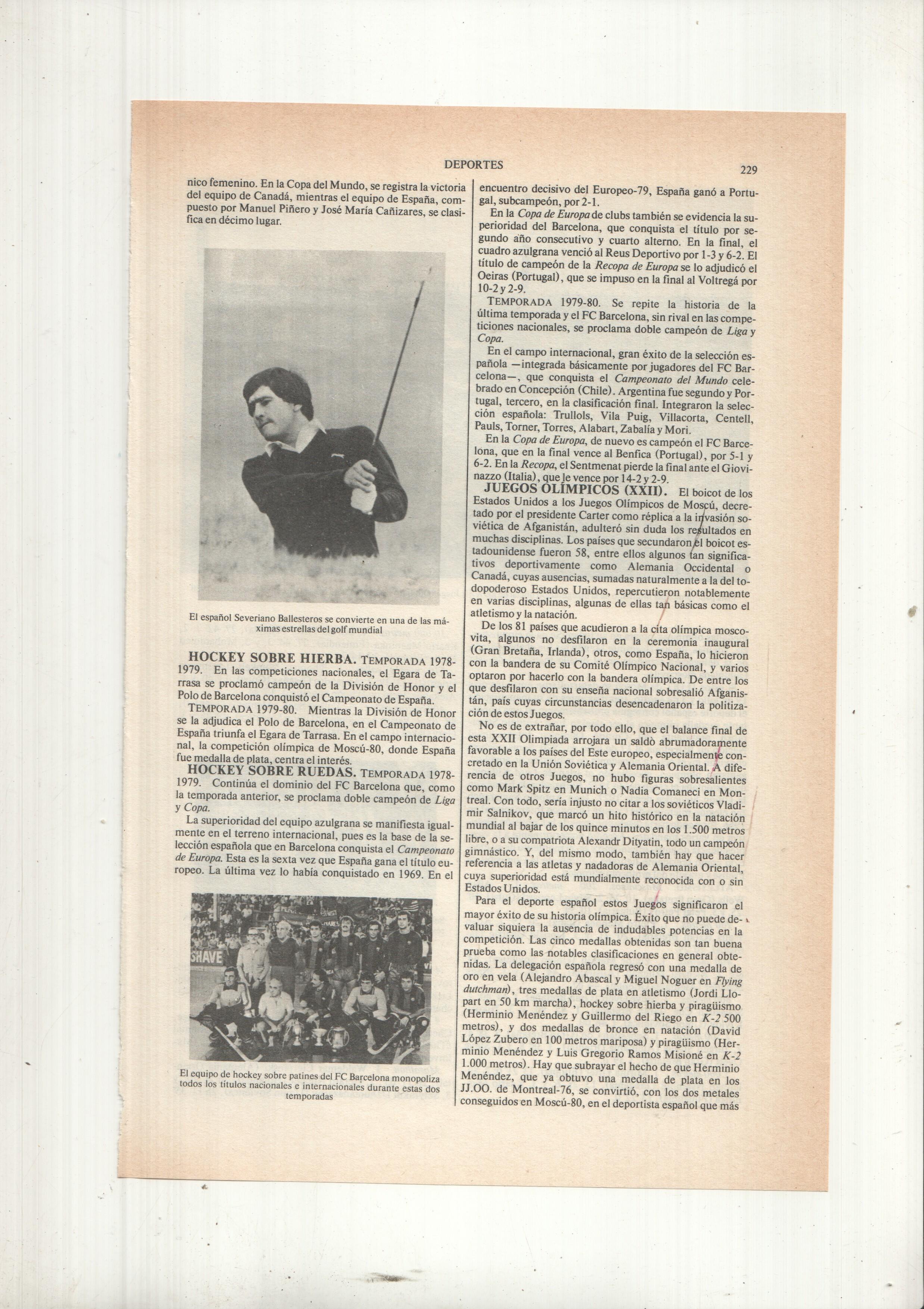 LAMINA ESPASA 26599: Severiano Ballestero y F C Barcelona equipo de Hokey temporada 78/79