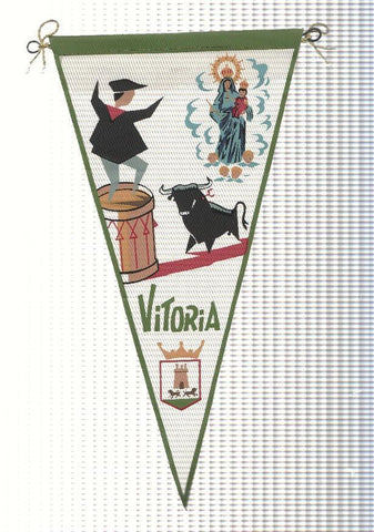 BANDERIN: VITORIA - Ilustracion de la Virgen Blanca, Toro , Bombo de Tamborrada y escudo de la localidad