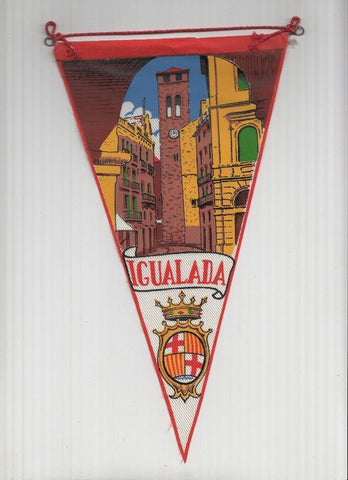 Banderin: IGUALADA, Barcelona - Ilustracion de la torre de Santa Maria de Igualada y escudo de la localidad.