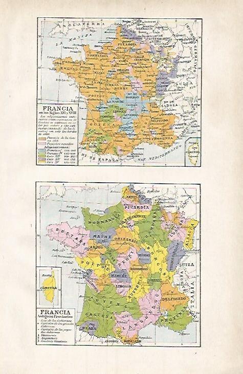 LAMINA ESPASA 3489: Mapas de Francia en los siglos XVI y XVII. Mapa de las antiguas provincias de Francia