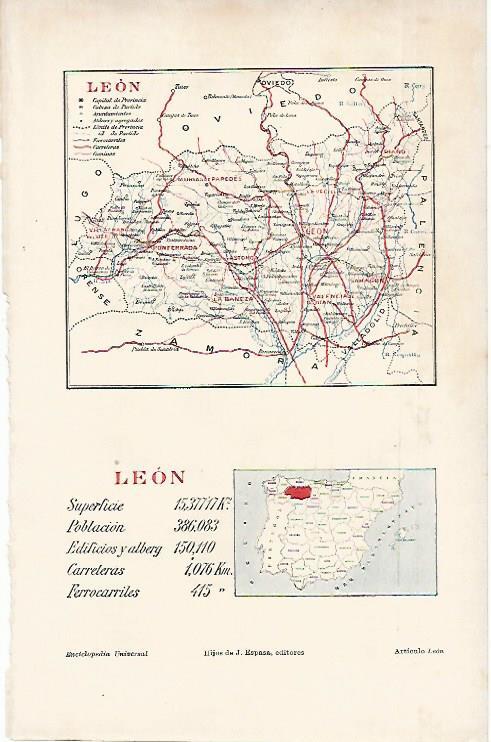 LAMINA ESPASA 9164: Mapa y datos de la provincia de Leon