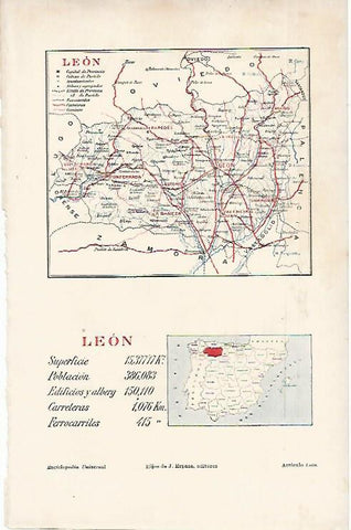 LAMINA ESPASA 9164: Mapa y datos de la provincia de Leon