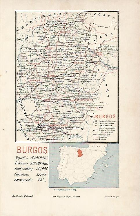 LAMINA ESPASA 11904: Mapa de la provincia de Burgos