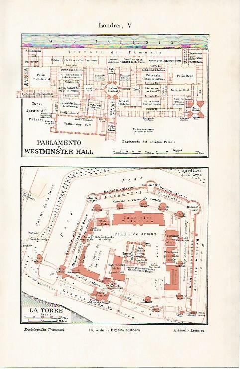 LAMINA ESPASA 1885: Plano del Parlamento y la Torre de Londres