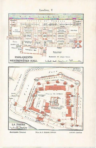 LAMINA ESPASA 1885: Plano del Parlamento y la Torre de Londres