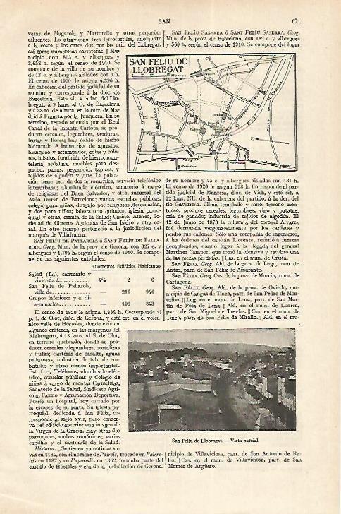 LAMINA ESPASA 18281: Plano y vista de Sant Feliu de Llobregat Barcelona