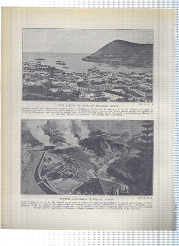Lamina/sheet/feuille numerada 329/330: Ruinas del castillo de Leiria y Fuentes sulfurosas de Furnas y vista parcial de Angra do Heroismo en las Azores