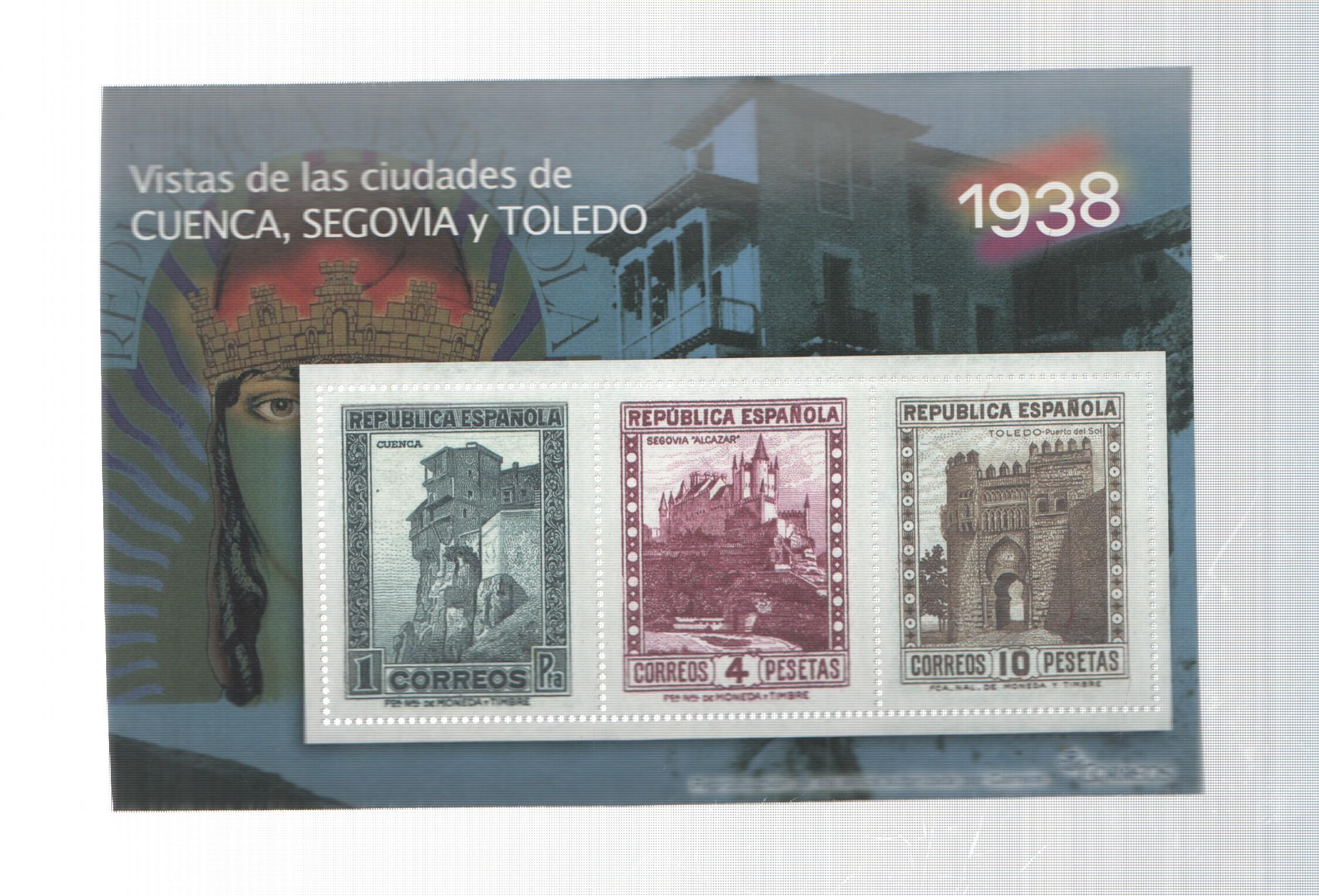 La Guerra Civil Española en sellos de correos: Juego 3 sellos 1938: Vistas de Cuenca, Segovia y Toledo