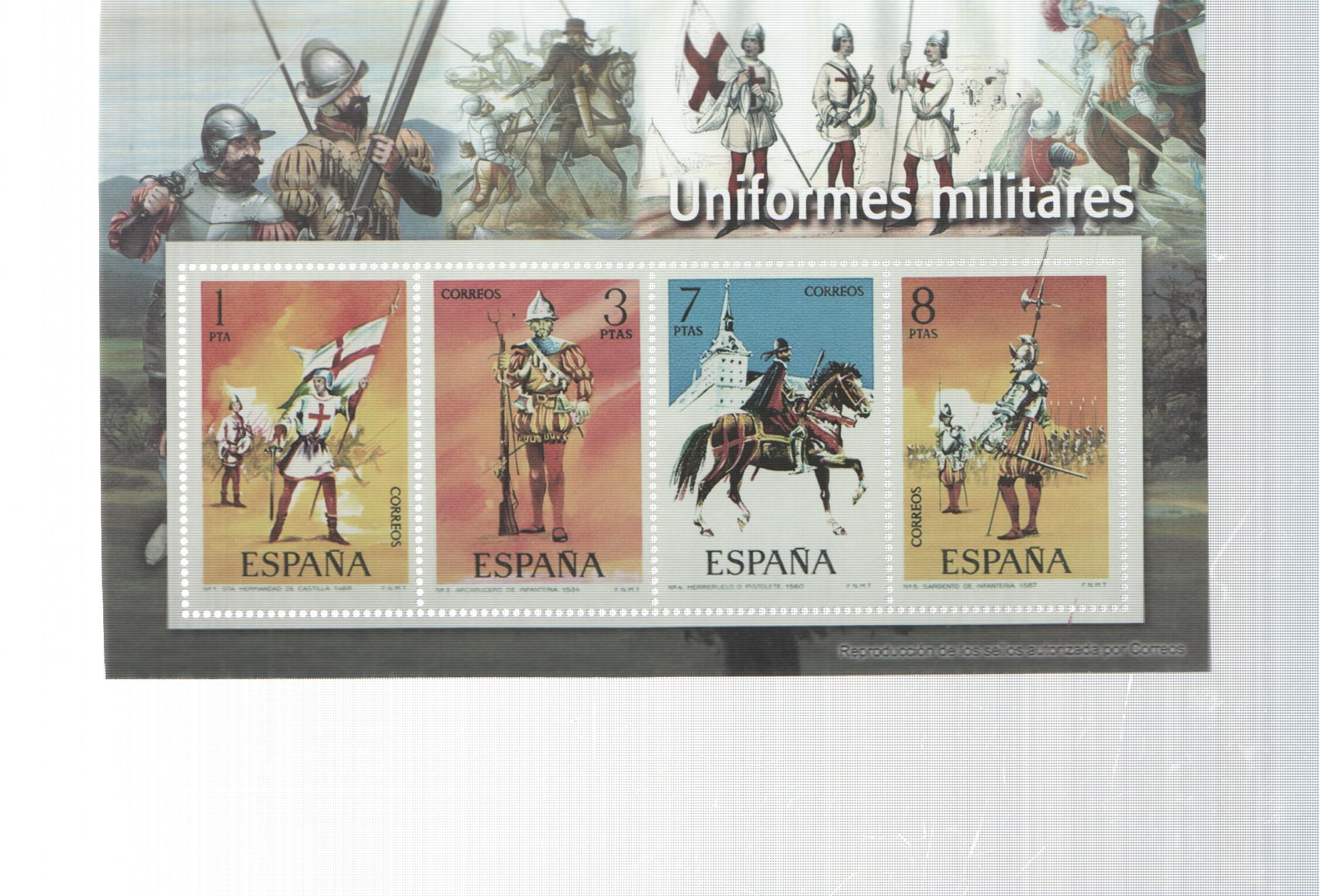 El Franquismo en sellos y billetes: 4 sellos: Uniformes militares