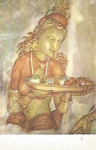 LAMINA 1542: Figura femenina sossteniendo una bandeja de flores. Fresco de la Peña de Sigiri. Siglo V