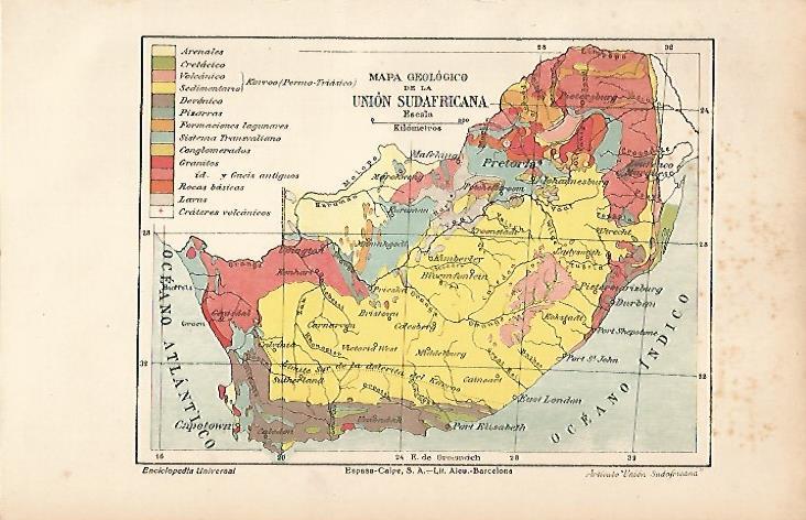 LAMINA ESPASA 12134: Mapa geologico de la Union Sudafricana