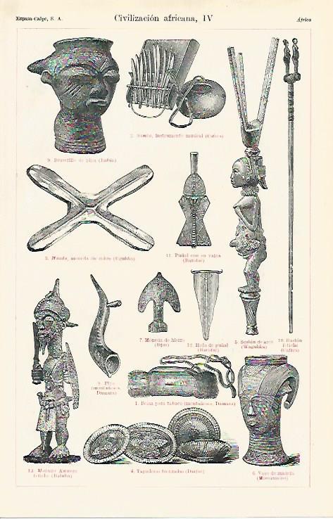 LAMINA ESPASA 12589: Utensilios de diferentes pueblos de Africa