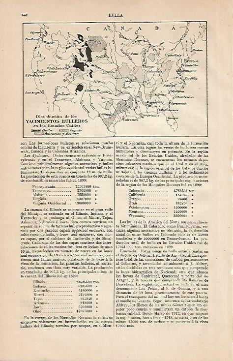 LAMINA ESPASA 4501: Mapa de Estados Unidos de yacimientos de hulla
