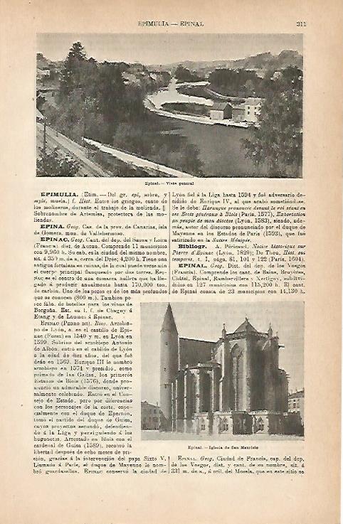 LAMINA ESPASA 18811: Iglesia y vista de Epinal Francia