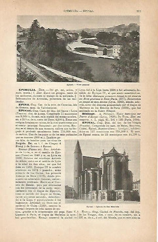 LAMINA ESPASA 18811: Iglesia y vista de Epinal Francia