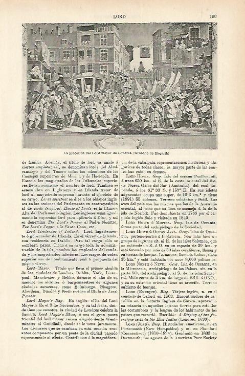 LAMINA ESPASA 1877: La procesion del Lord Mayor de Londres