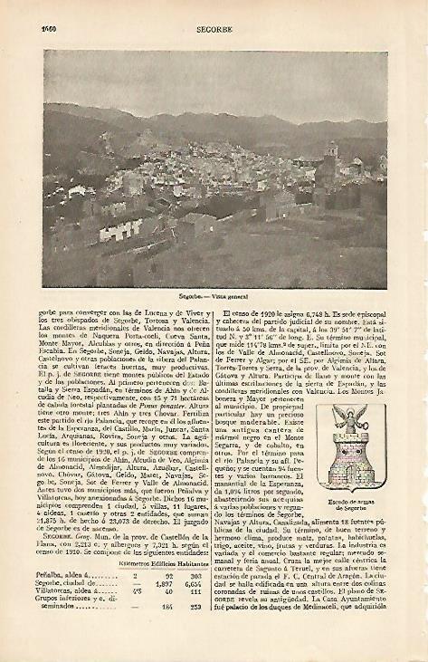 LAMINA ESPASA 19669: Escudo y vista de Segorbe