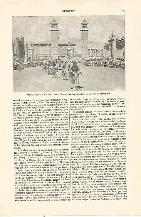 LAMINA ESPASA 22131: Llegada a Montjuic en la Vuelta Ciclista a Cataluña de 1953