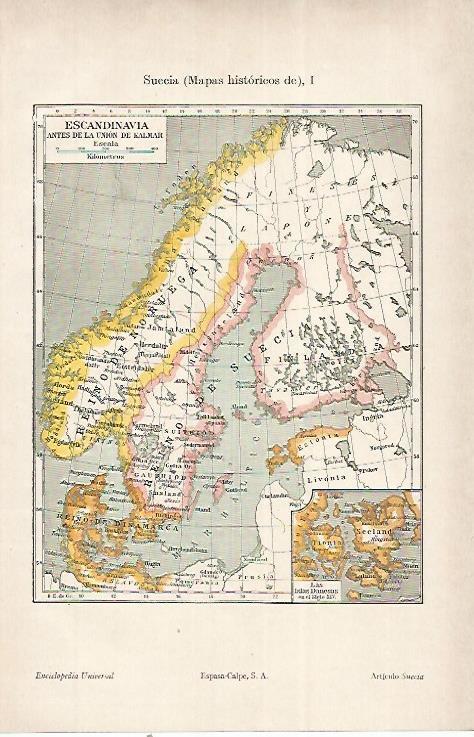 LAMINA ESPASA 22725: Mapa historico de Suecia antes de la Union de Kalmar