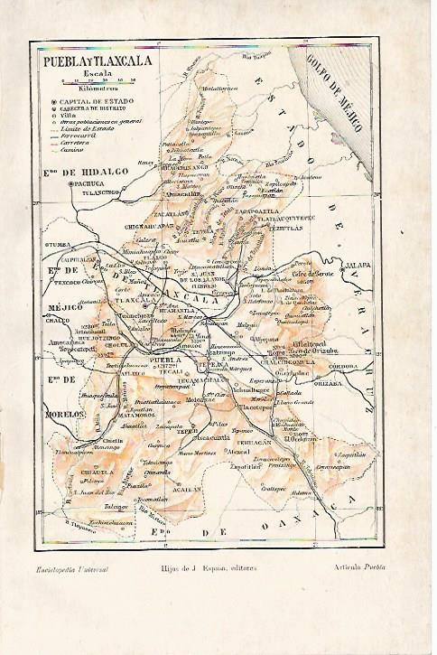 LAMINA ESPASA 3676: Mapa de Puebla y Tlaxcala Mexico