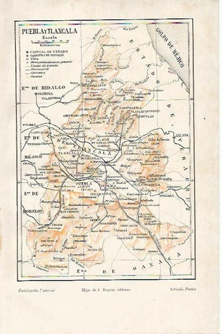 LAMINA ESPASA 3676: Mapa de Puebla y Tlaxcala Mexico