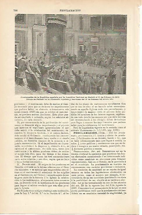 LAMINA ESPASA 3644: Dibujo de Pellicer (1873) : Proclamacion de la Republica Española