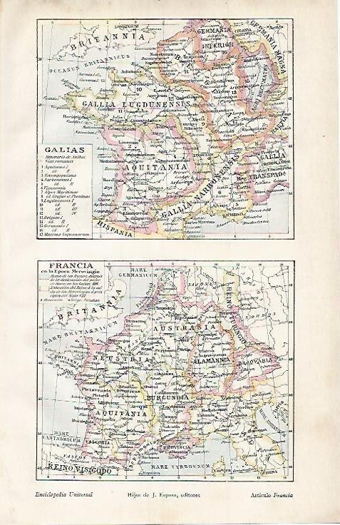 LAMINA ESPASA 3488: Mapas de Francia: Galias y epoca merovingia