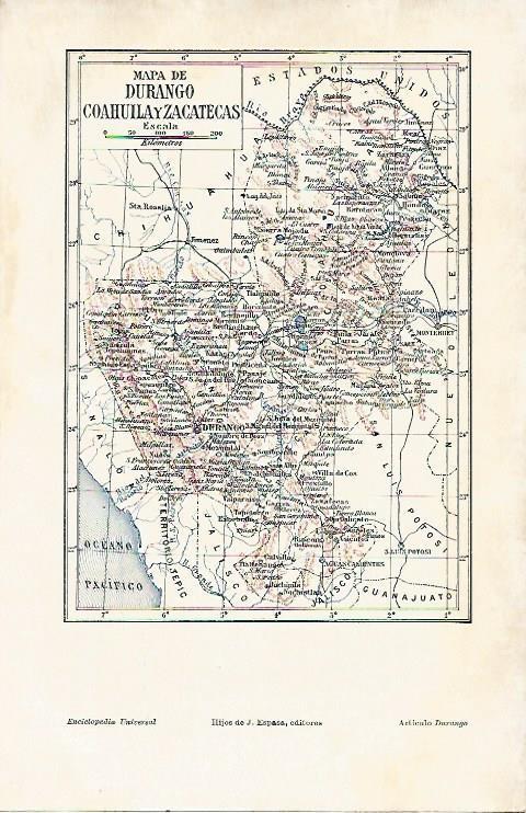 LAMINA ESPASA 3187: Mapa de Durango Coahuila y Zacatecas Mexico