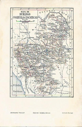LAMINA ESPASA 3187: Mapa de Durango Coahuila y Zacatecas Mexico