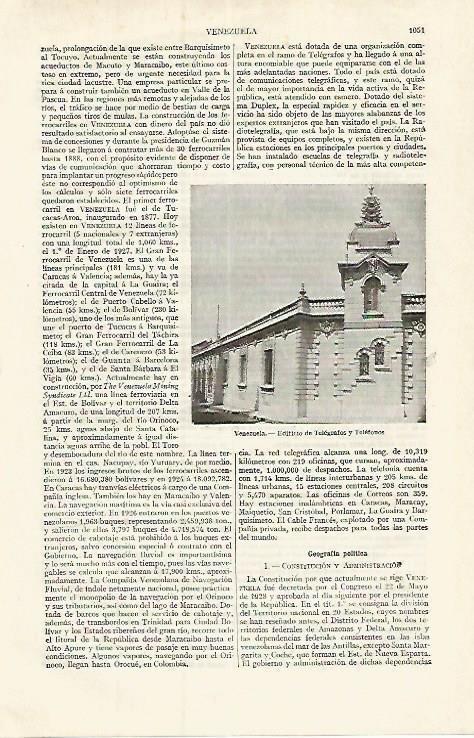 LAMINA ESPASA 17489: Telegrafos y Telefonos en Venezuela