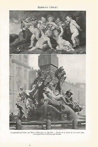 LAMINA SALVAT 80497: La guirnalda de frutas por Rubens y Fuente en la Plaza Navona de Roma