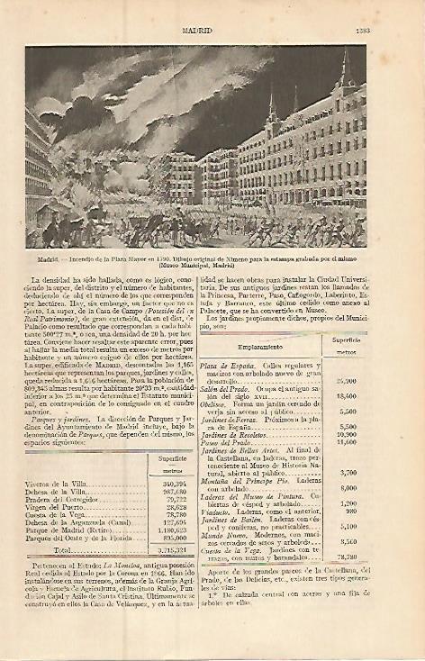LAMINA ESPASA 9352: Incendio de la Plaza Mayor de Madrid en 1790 dibujo de Ximeno