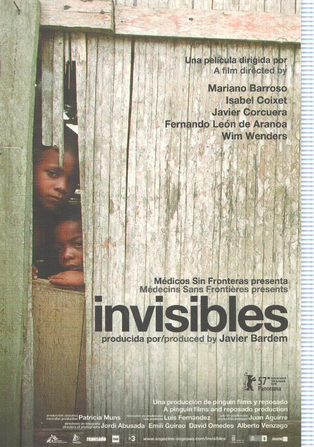Poster pelicula: Invisibles. Producida por Javier Bardem. Una pelicula dirigida por Mariano Barroso, Isabel Coixet, Javier Corcuera