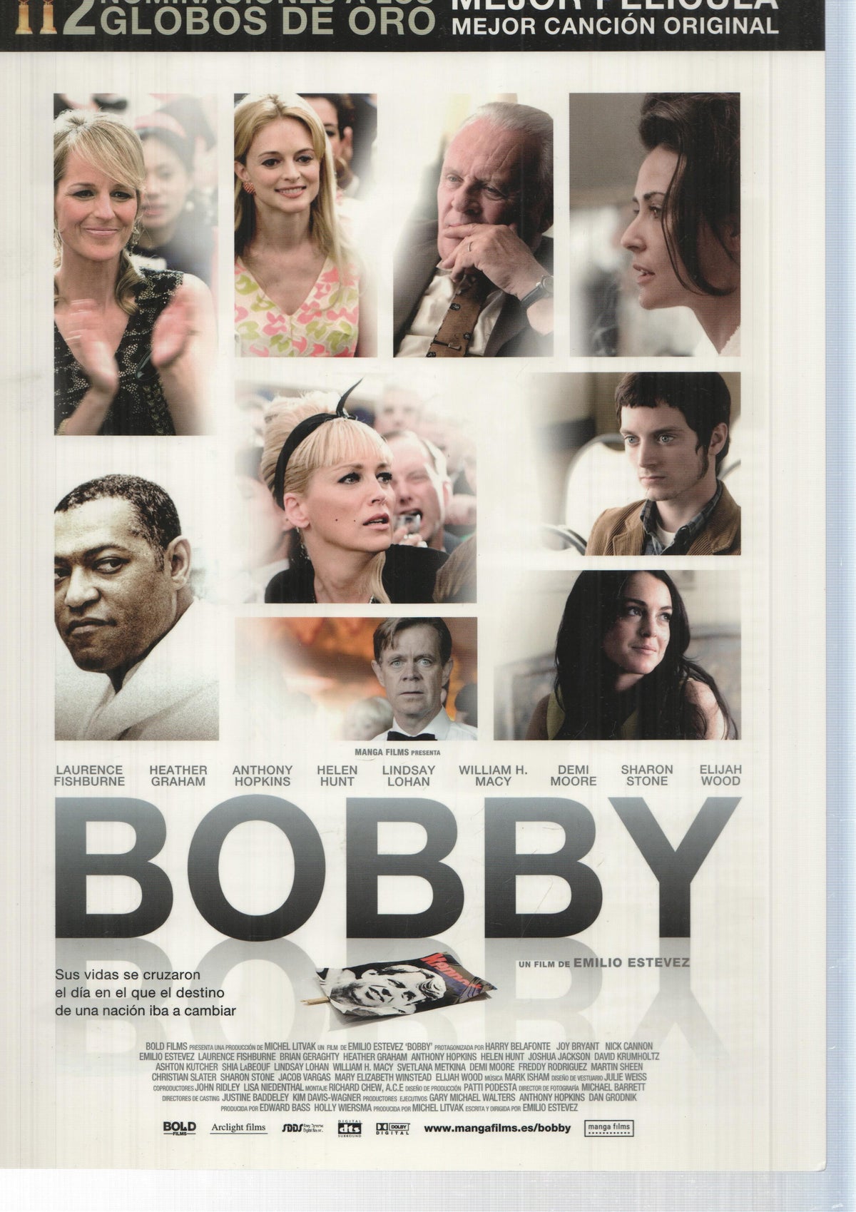 Poster de pelicula: Bobby. Un film de Emilio Estevez con Laurence Fishburne, Heather Graham, Anthony Hopkinss, Dem Moore, Elijah Wood, Sharon Stone