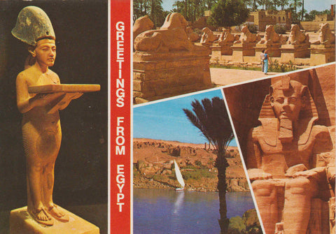 POSTAL 62558 : Rey Akhnaton . Avenida de la esfinge.Estatua  Ramses II .Ciudad de el Cairo. Egipto