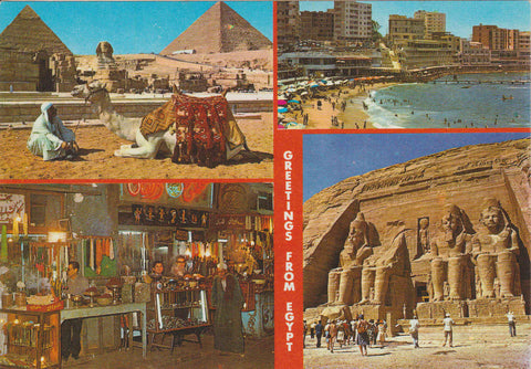POSTAL 62559 : Camellos en la piramide de giza. Playa de Stanly. Bazar Khan khalili. Ciudad de el Cairo. Egipto