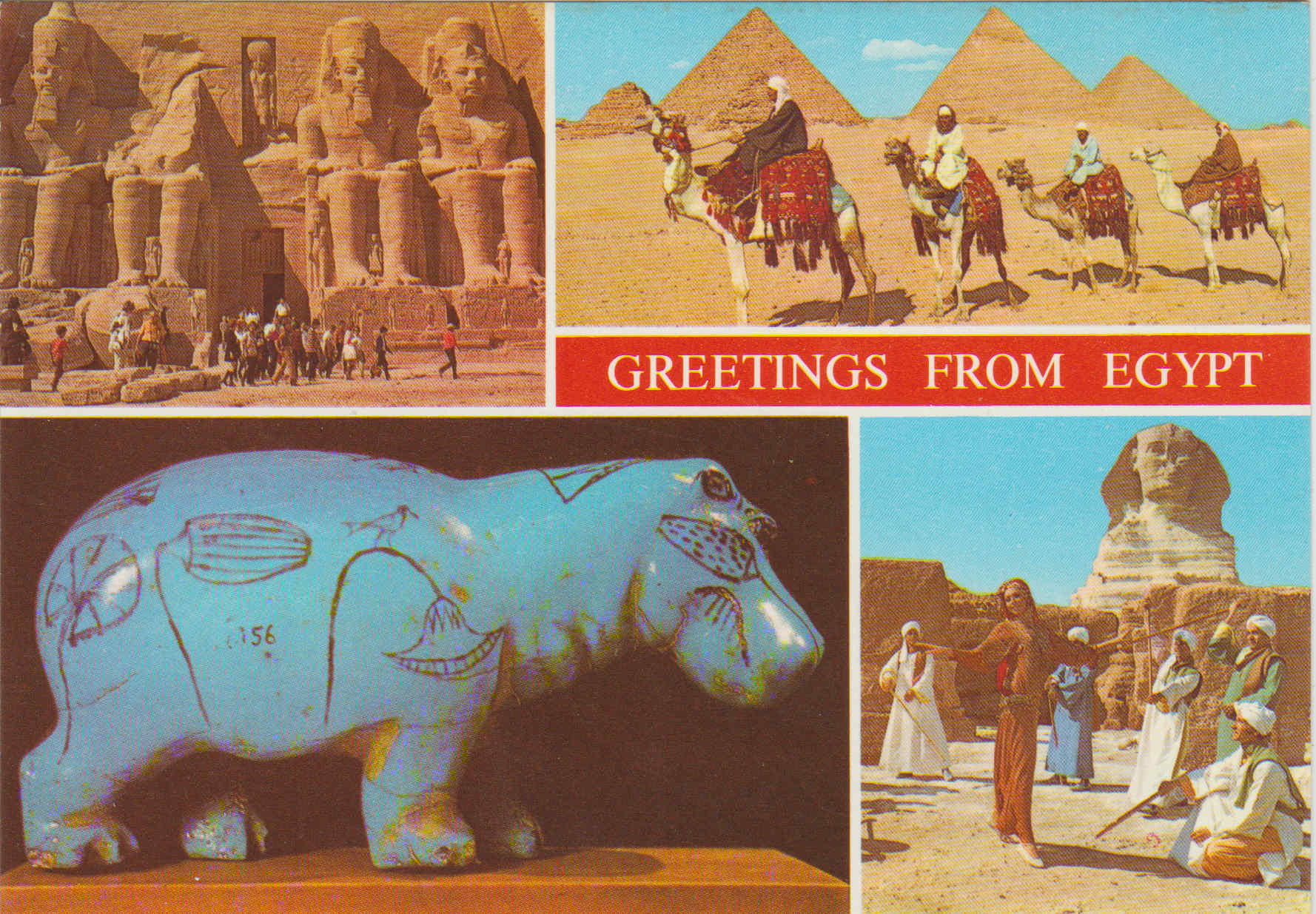 POSTAL 62560 : Quatro colossales de Ramses II en la entrada de Abu. Preciosos Hipopotamos de ceramica. Ciudad de el Cairo. Egipto