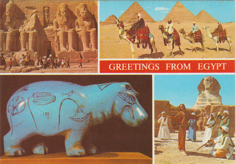 POSTAL 62560 : Quatro colossales de Ramses II en la entrada de Abu. Preciosos Hipopotamos de ceramica. Ciudad de el Cairo. Egipto