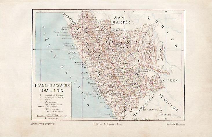 LAMINA ESPASA 4472: Mapa de Huanuco Ancachs Lima y Junin en Peru