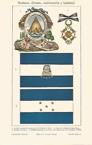 LAMINA ESPASA 4429: Escudo condecoracion y banderas de Honduras