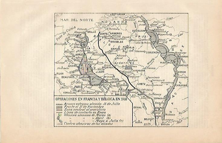 LAMINA ESPASA 500: Mapa de las operaciones en Francia y Belgica en 1918